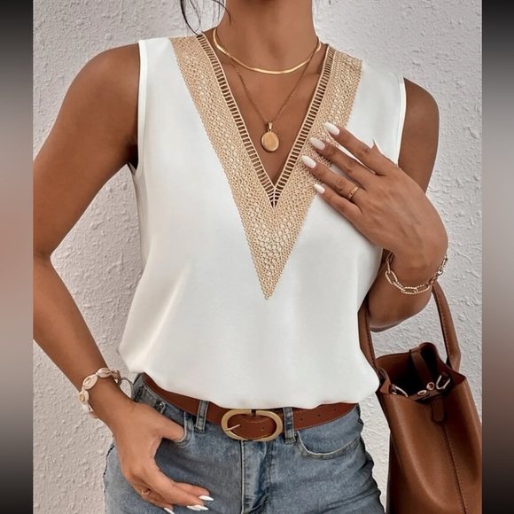 Tops - Boho Guipure Lace Panel Sleeveless Top Blouse Shirt White
